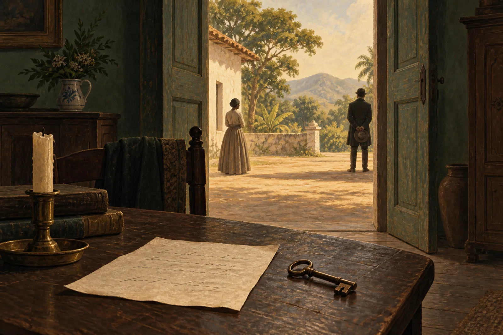 Duas silhuetas separadas por portas entreabertas; uma carta e uma chave sobre a mesa.