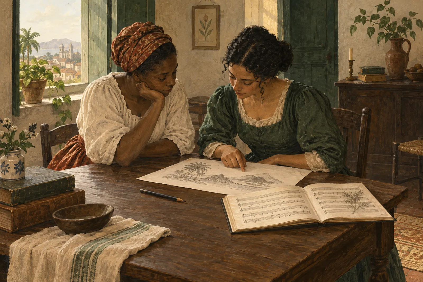 Duas mulheres estudam um desenho junto a um caderno de música em uma mesa simples.