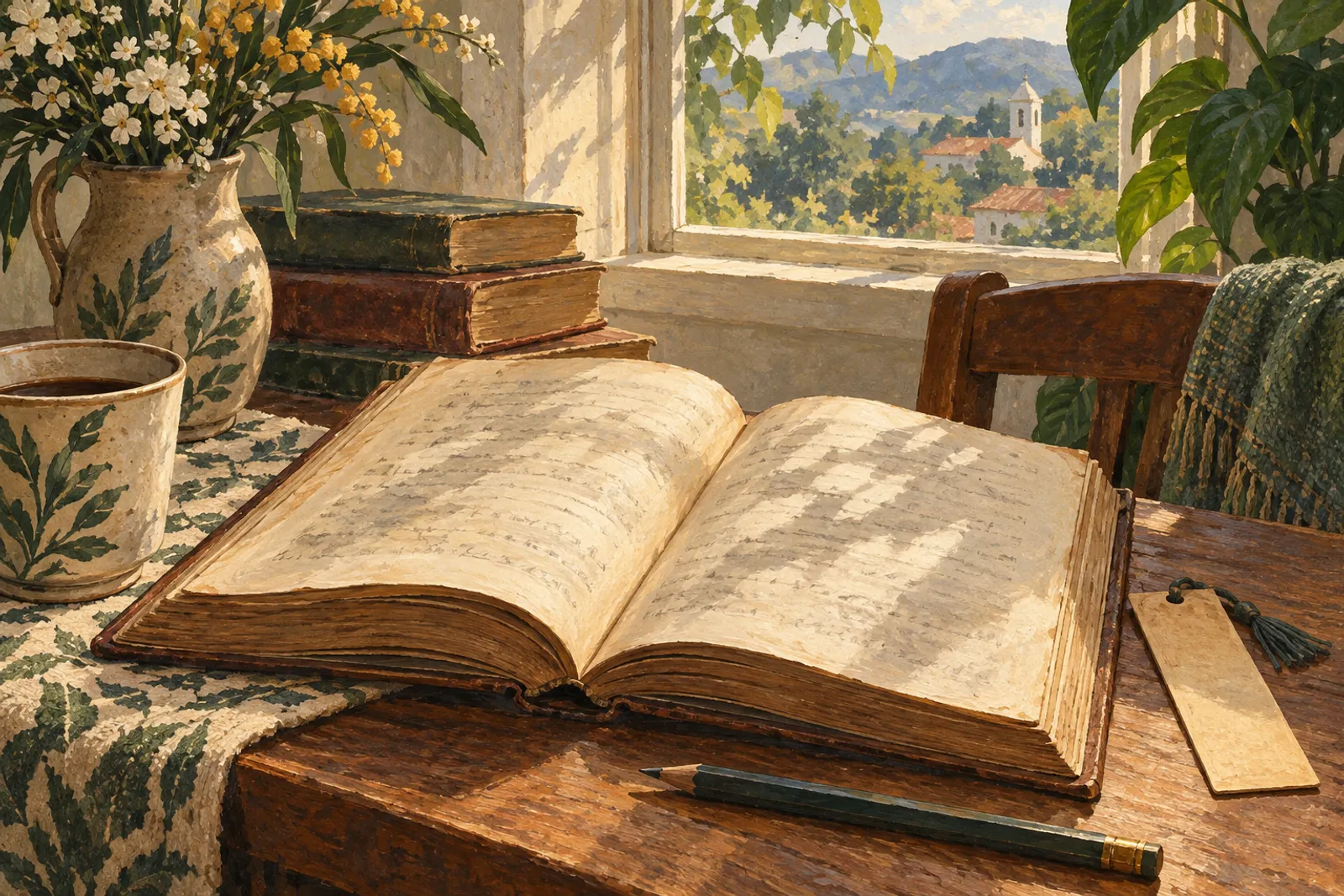 Um livro aberto, um lápis e um marcador ao lado de uma janela iluminada.
